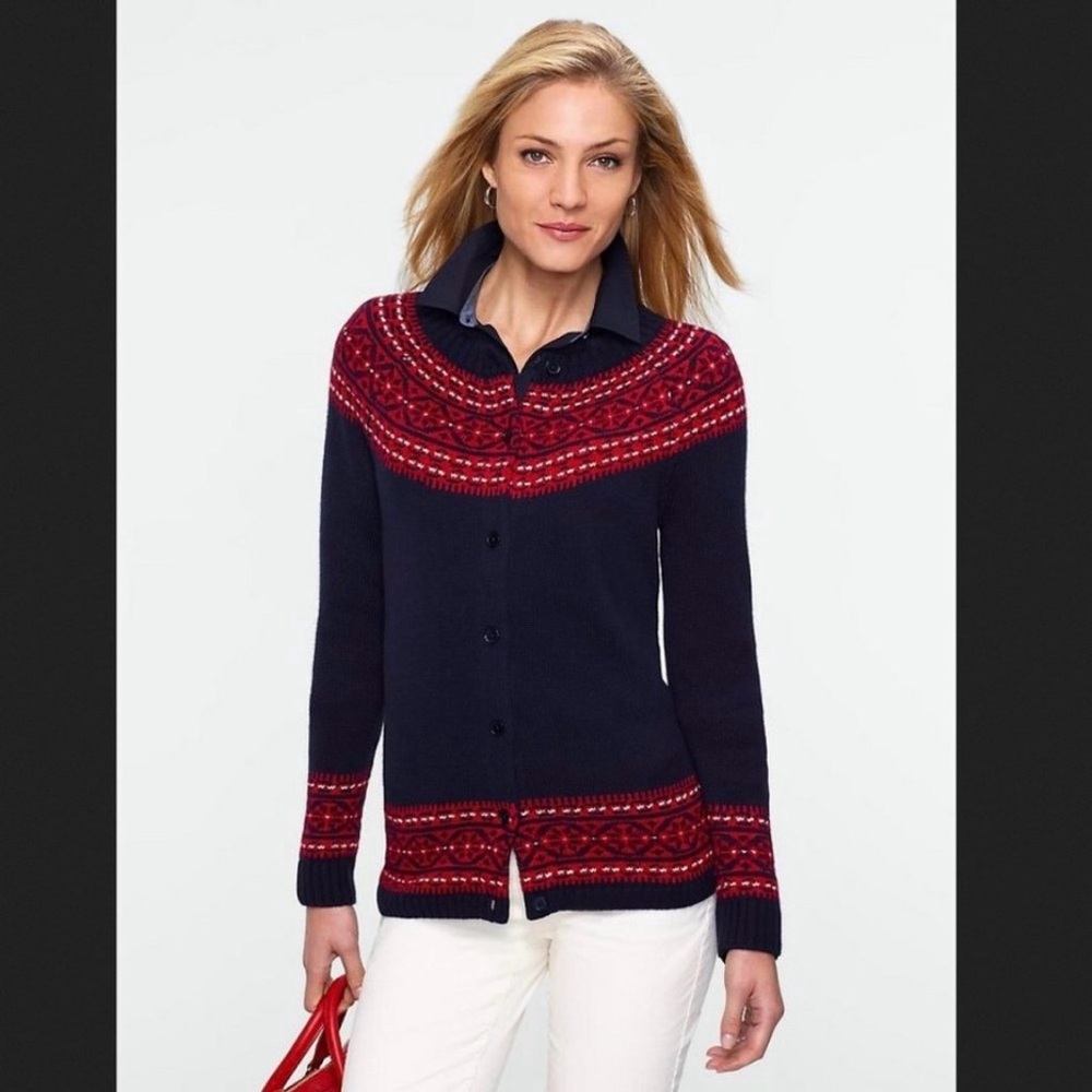 Talbots Navy and Red Patterned Cardigan